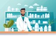 Illustration of a male pharmacist at a pharmacy