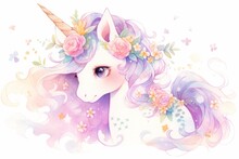 Cute Fairy Unicorn Hand Painted Watercolor Illustration.