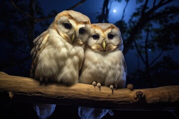 Wall Mural - two owls roosting together on a branch during a moonlit night