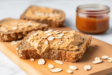 Canvas Print - whole grain toast with almond butter and a scoop of oats