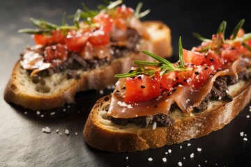 Canvas Print - close-up on anchovy bruschetta with sea salt sprinkles