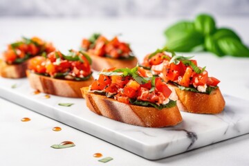 Wall Mural - bruschetta on a marble countertop, sprinkled with basil leaves