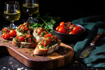 Canvas Print - herby bruschetta with blistered cherry tomatoes on a glass table