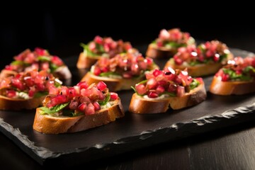 Canvas Print - rows of pomegranate bruschetta spread on a black slate board