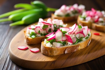 Wall Mural - bruschetta with radish and chopped green onions