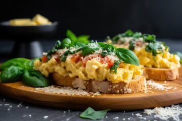 Canvas Print - scrambled eggs on whole wheat bruschetta with grated pecorino cheese on top