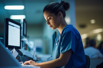 Medical Data Consultation on Screen: Nurse and Technician in Hospital ER.