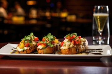 Canvas Print - trio of smoked gouda bruschetta under ambient restaurant lighting