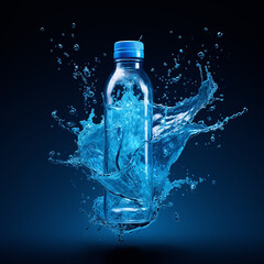 splash of clean water splashing from a bottle on a dark blue background