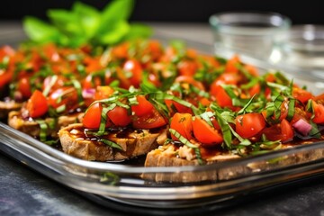 Canvas Print - tuna bruschetta on a clear glass serving dish