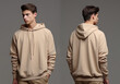 Front and back view of a beige hoodie mockup for design print