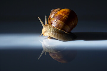 Wall Mural - Snail on a mirror background. Animal world in nature.