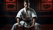 Model in a martial arts stance, emphasizing power and precision, set in a dojo