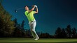 Model showcasing a golfer's swing stance, emphasizing form and technique, set on a golf course