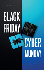 Wall Mural - Black Friday and Cyber Monday vertical promo poster. Realistic gift boxes and Sale text. Top view. Design for Cover, brochure, stories, social media