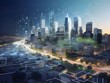 Data waves form a protective halo around the futuristic city, symbolizing the city's reliance on internet communication for its very existence, as it harnesses the power of data to drive ai generated