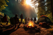 A Group Of People Sitting In A Campground Around A Campfire In The Woods