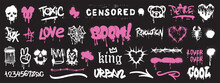 Street Graffiti Spray Icon Set, Tattoo Hip-hop Fashion Print, Vector Urban Typography Freehand Kit. Splatter Grunge Effect Sticker, Gothic Heart Artwork Silhouette, Scorpion Lettering. Street Graffiti