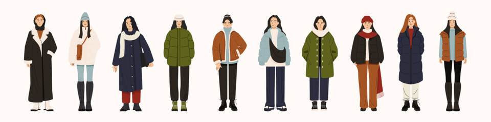 Wall Mural - Women in fashion winter clothes. Modern trendy female characters wearing casual elegant outfit, trendy stylish street fashion. Vector isolated set