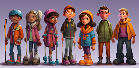 Portrait of cartoon children characters in front of purple background