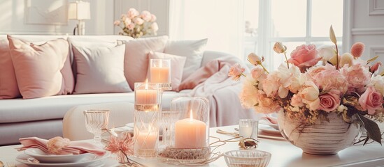 Poster - Bright and stylish luxury sitting room interior with white walls adorned with ornaments a fireplace and table set with dishes candles and flower bouquets unoccupied With copyspace for text