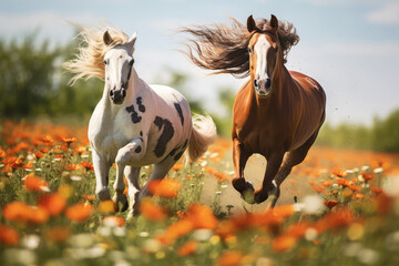 Wall Mural - Horses run gallop in flower meadow