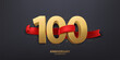 100th Year anniversary celebration background. 3D Golden number wrapped with red ribbon and confetti, isolated on dark background.