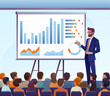 © Christos Georghiou - Business man speaker presenting or teaching in front of projector screen with charts or graphs infographics. At presentation, seminar lecture training conference talk in front of audience or team.