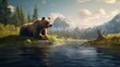 Beautiful bear is sitting by the river forest picture Ai generated art