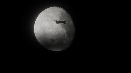 big airplane flying over bright moon, close up of full moon with black sky background at night, clou