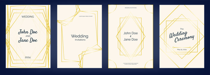 Poster - Wedding invitation with golden lines. Luxury elegant wedding card with geometric pattern. Modern minimalistic design vector concept