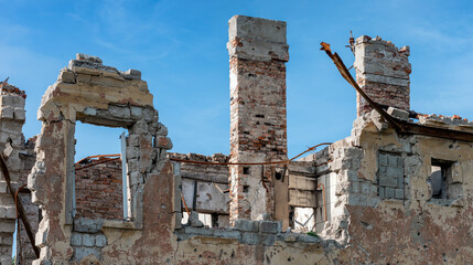 destroyed houses in an abandoned city without people in Ukraine