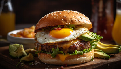 Canvas Print - Grilled gourmet cheeseburger with fresh tomato and prepared potato fries generated by AI