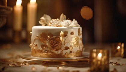 Sticker - Indulgent chocolate wedding cake with creamy icing and candlelight generated by AI