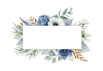 Wall Mural - Watercolor vector dusty blue and golden floral frame, delicate clipart with flowers and leaves. Perfect for wedding invitations, date saving, printing, home decor. A hand painted illustration.
