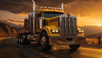 Wall Mural - Truck delivering cargo, construction machinery working on multiple lane highway generated by AI