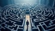Man in surreal maze, facing labyrinth challenge, complex problem decision, strategy for success, concept of life obstacles and solutions.