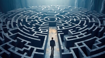Man in surreal maze, facing labyrinth challenge, complex problem decision, strategy for success, concept of life obstacles and solutions.
