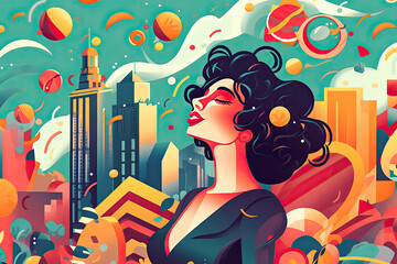 Colourful vector illustration of beautiful woman with city in the background with geometric details