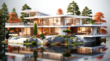 3d Rendering Of Modern Cozy House With Pool And Parking For Sale Or Rent In Luxurious Style And Beautiful Landscaping On Background. Clear Sunny Summer Day With Blue Sky. Generative AI Technology.