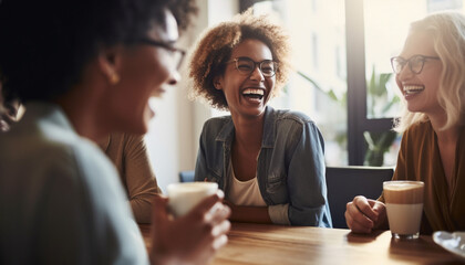 Poster - Young women smiling and talking over coffee in casual coffee shop generated by AI