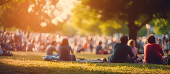 family members enjoy an outdoor picnic and open air public concert in a park sitting on grass with c