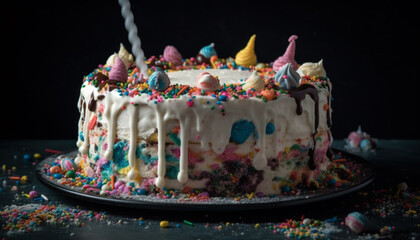 Wall Mural - Multi colored birthday cake with chocolate icing and candy decorations generated by AI