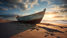 Image Of An Old Boat Abandoned On The Beach. Storm Clouds In The Background. 