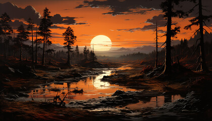 Wall Mural - Tranquil scene sunset over mountain, reflecting in calm water generated by AI