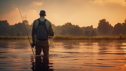 Wall Mural - fisherman with a fishing rod catches fish on the river