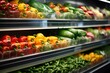 Fruits and vegetables in the refrigerated shelf of a supermarket close up