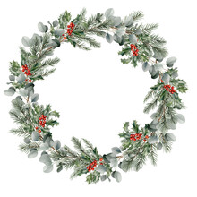 Elegant Christmas Floral Wreath, Garland. Winter Watercolor Composition For Greeting Card, Invitation. Botanical Illustration Isolated On Background. Eucalyptus, Fir Tree Branches, Holly Berries.
