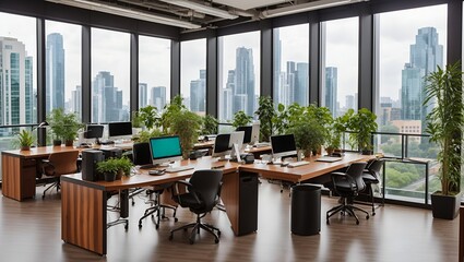 Wall Mural - 
photo of an office room with a classic, minimalist theme with lots of ornamental plants and lots of windows, made by AI generative