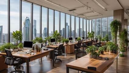 Wall Mural - 
photo of an office room with a classic, minimalist theme with lots of ornamental plants and lots of windows, made by AI generative